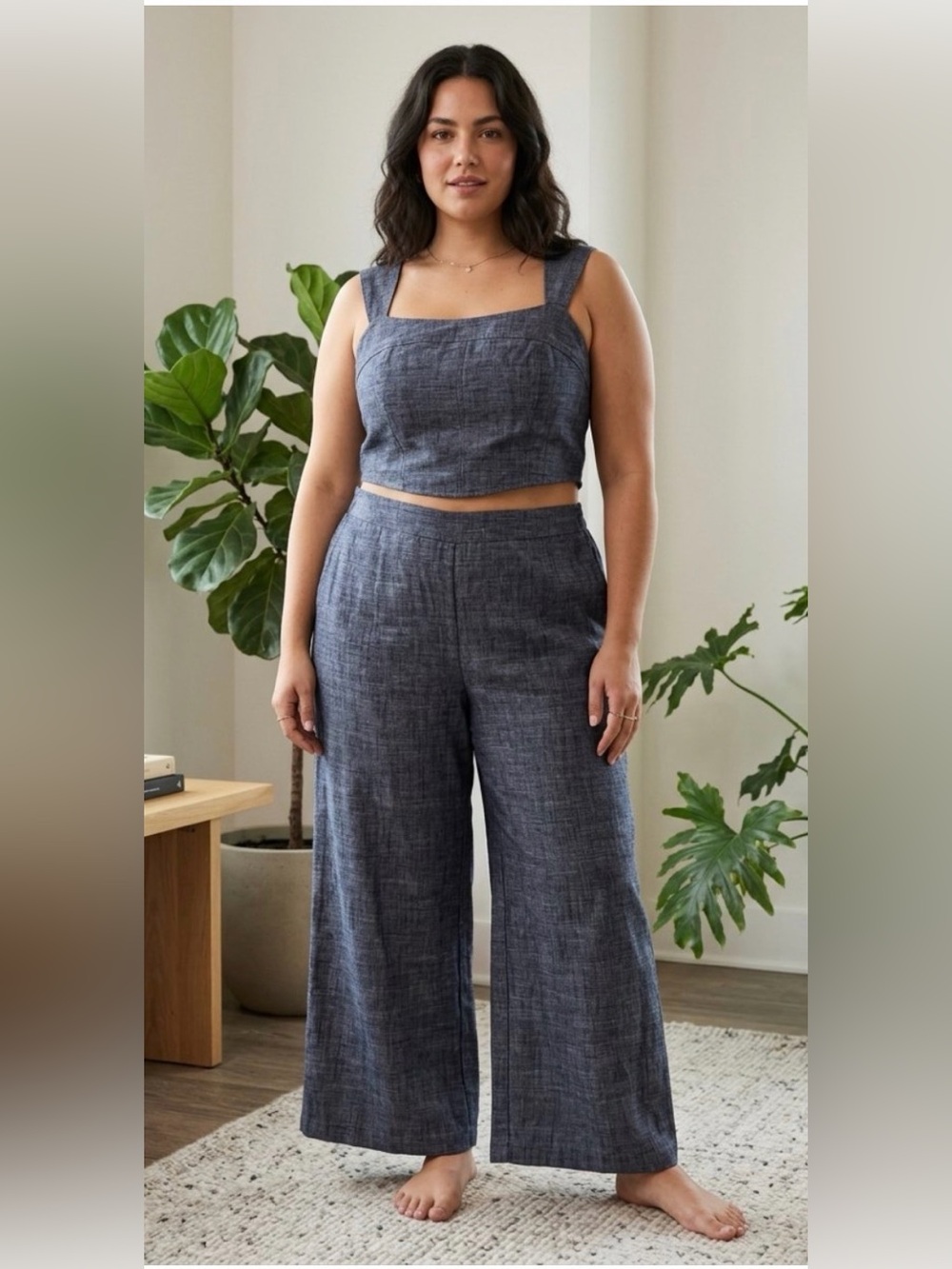 Linen Blend Wide Leg Pants & Crop Top SET XL